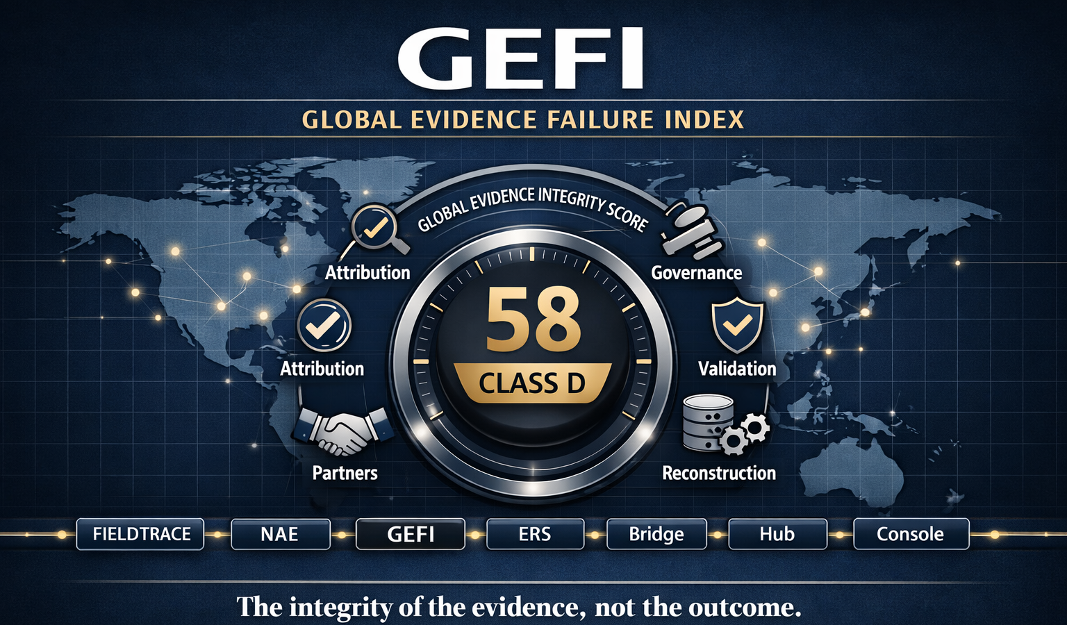 GEFI Global Evidence Failure Index hero banner showing a global evidence integrity score dashboard with attribution, governance, validation, reconstruction and partner evidence pillars.